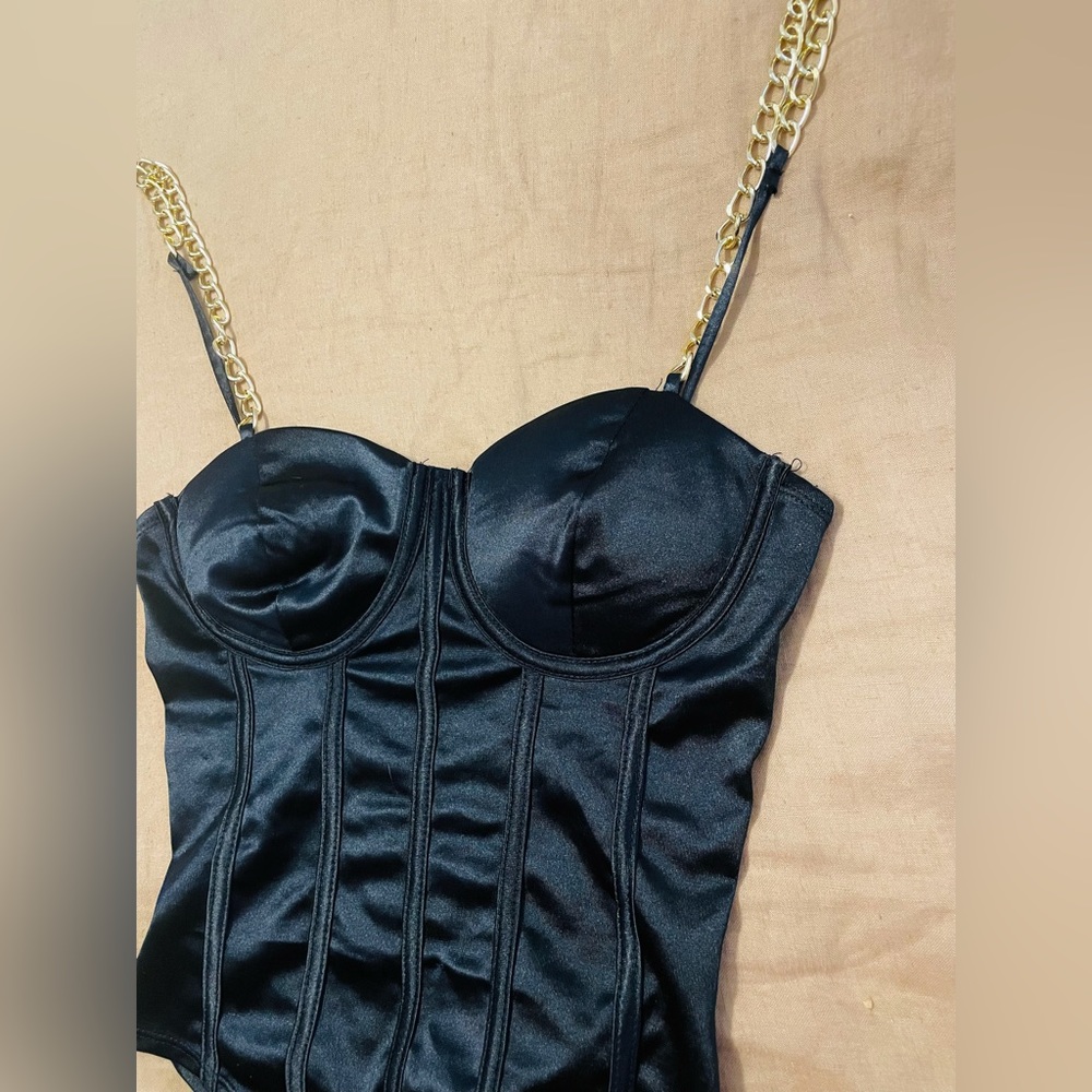 Sexy Open-Back Satin Bodysuit with Chain Straps